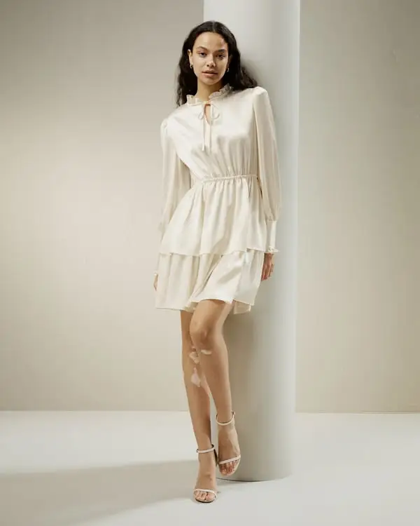 Abito In Seta Da Donna, Collo A Cravatta, Maniche A Sbuffo, Mamme Di Seta, Naturalmente Antibatterico, Lilyblanc Giglio Bianco