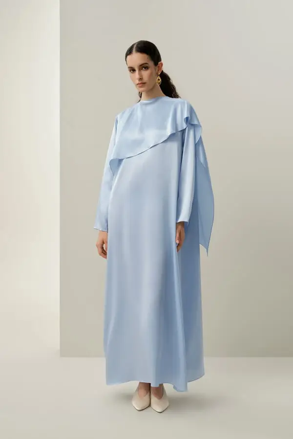 Abito Maxi Donna in Seta Stretch Asimmetrico Elegante Blu Polveroso