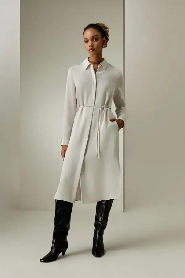 Abito Midi Seta Crêpe de Chine Grigio Pallido - Cravatta in Corda, Elegante e Casual