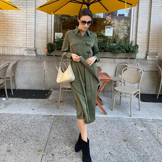 Abito Seta Donna Verde Stile Militare, Multi-Funzionale 100% Seta Pura Privo Di Sostanze Chimiche Nocive