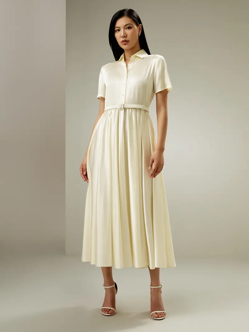 Abito Seta Giglio Bianco Cintura In Seta Abbinata, Collo A Camicia 100% Seta Naturale Dermocompatibile E Traspirante