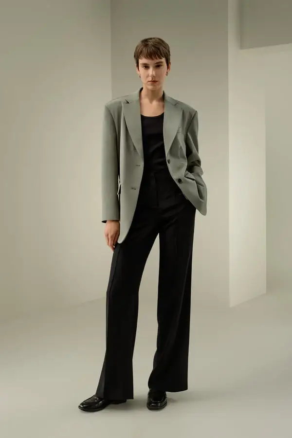 Blazer Oversize in Seta Crepe Elasticizzata, Spalle Imbottite, Foglia di tè Foglia di tè