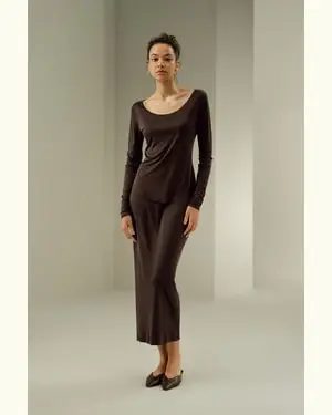 Blusa A Maniche Lunghe Femmina Collo A Scialle Largo Silk Jersey Naturalmente Antibatterico Resiste Durante Tutte Le Stagioni Cacao