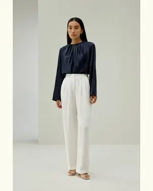 Blusa A Maniche Lunghe Girocolloseta Di Alta Qualità Seta Di Alta Qualità Maniche Lunghe Blu-Marino