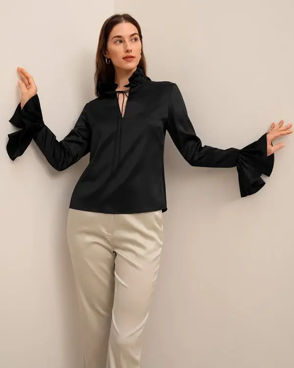 Blusa Donna in Seta 22 Momme con Volant e Collo a Fiocco Elegante Nero
