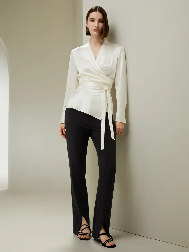 Blusa In Seta Giglio Bianco Cintura Incorporata In Vita Seta Privo Di Sostanze Chimiche Nocive