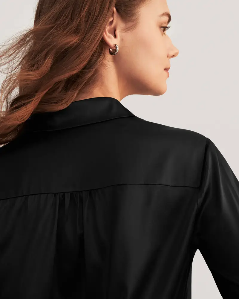 Blusa In Seta Nero Vestibilità Regolare, Orlo Curvo Seta Di Gelso Privo Di Sostanze Chimiche Nocive