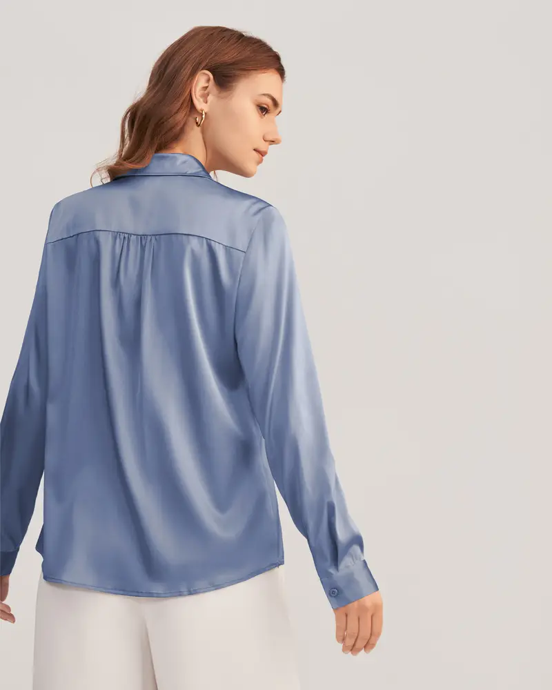 Blusa Seta Donna Azzurro Orlo Curvo, Senza Rughe Seta Di Gelso Buon Valore, Rispettoso Della Pelle