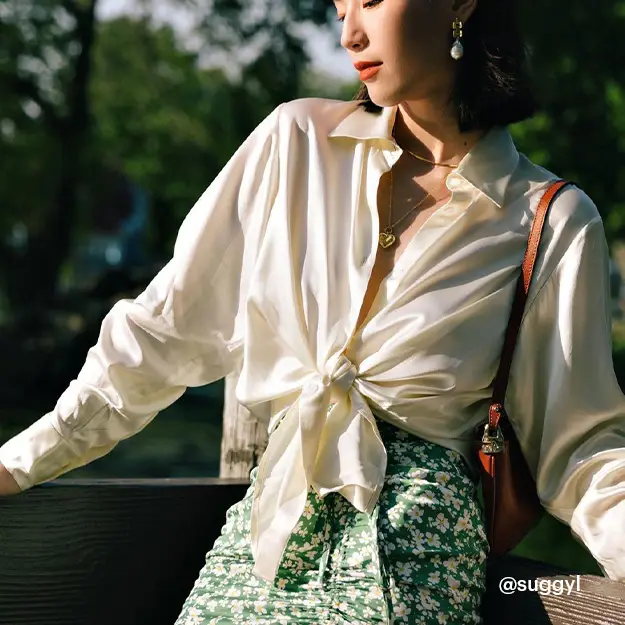 Blusa Seta Donna Bianco Bella Lucentezza, Bottoni A Conchiglia 100% Seta Di Gelso Confortevole E Amichevole Per Le Persone Allergiche