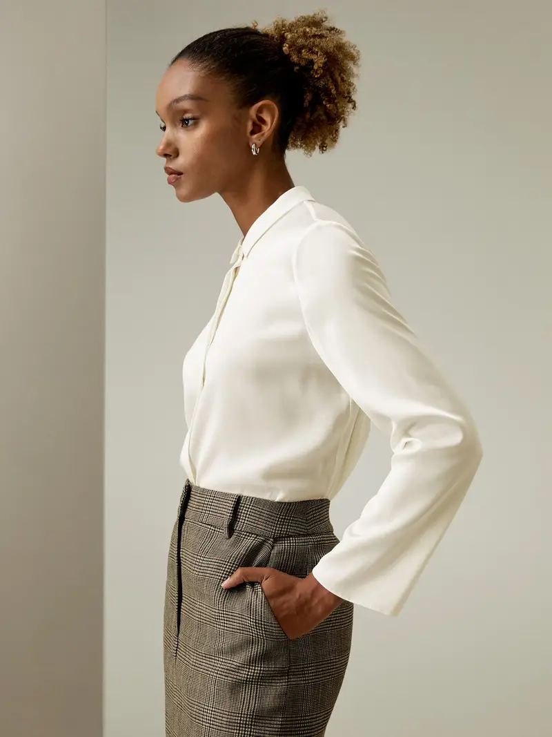 Bluse Eleganti In Seta Manica Lunga, Senza Gemelli Può Essere Provato Leggera E Resistente Alle Rughe Bianco Naturale