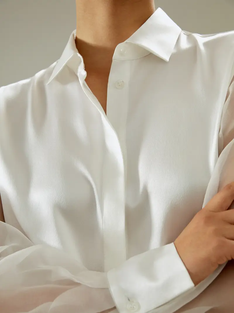 Bluse Eleganti In Seta Maniche Lunghetemperatura Regolabile100% Pura Seta 100% Pura Seta Stile Aziendale Bianco Fumo