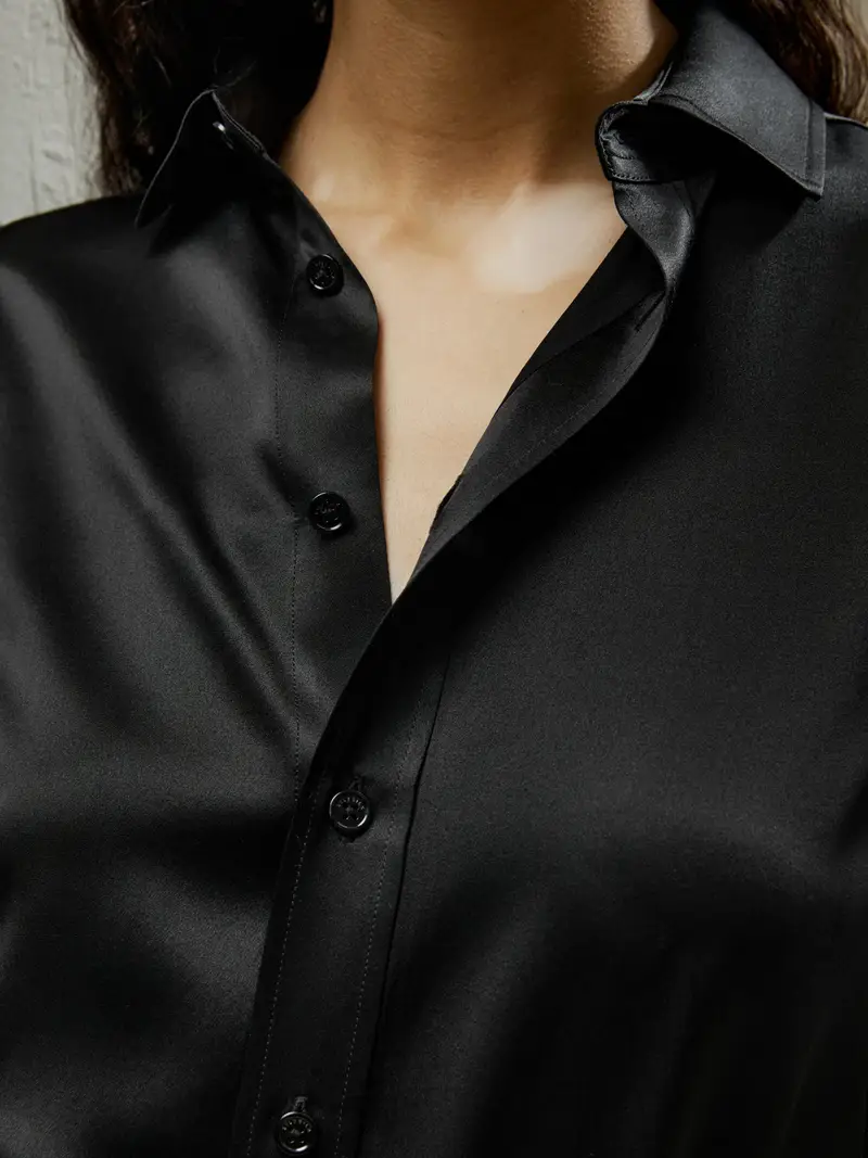 Bluse Eleganti In Seta Nero Adattamento Regolare 100% Pura Seta Dermocompatibile E Traspirante