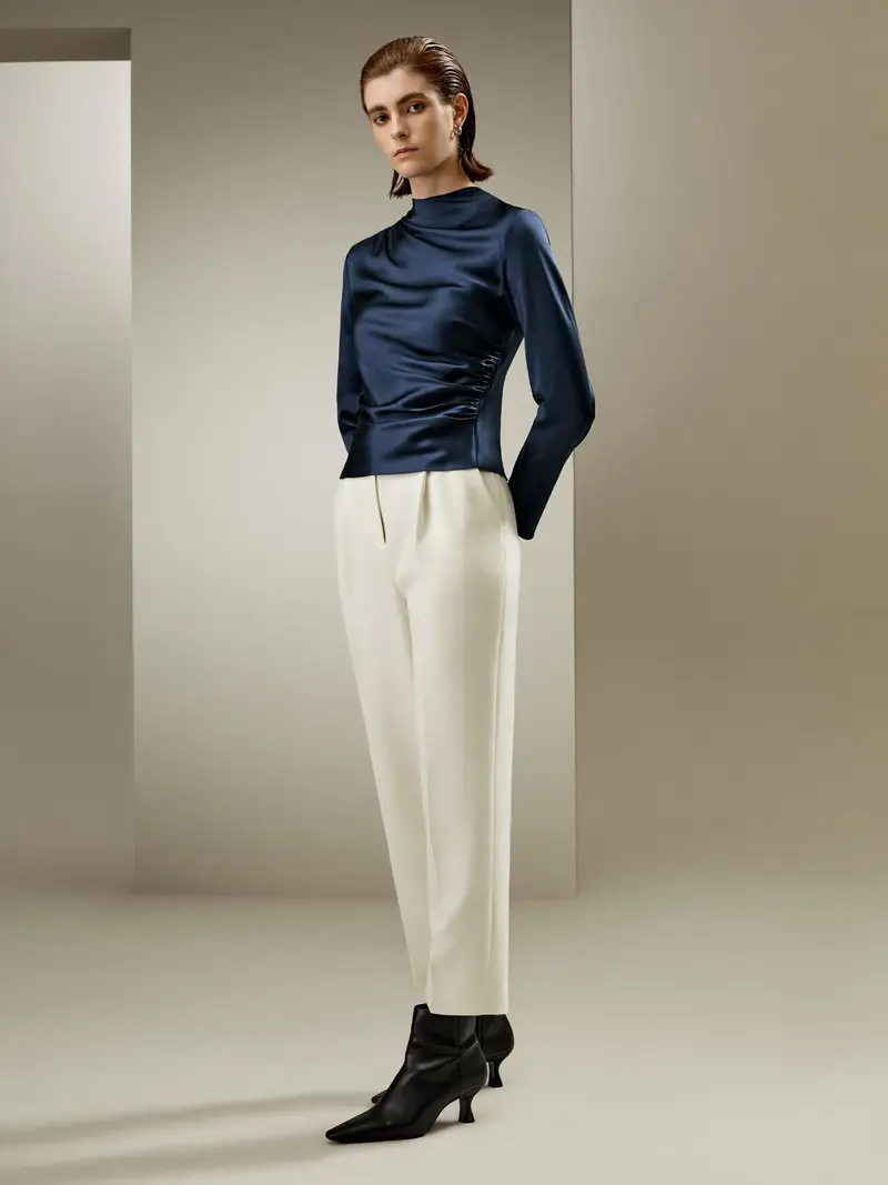 Bluse Eleganti In Seta Seta Di Alta Qualità Seta Di Alta Qualità Vestibilità Slim Drappeggia Bene Blu-Marino