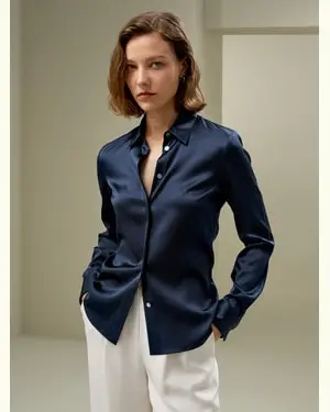 Bluse Eleganti In Seta Vestibilità Slimcharmeuse Di Seta Charmeuse Di Seta Raffinato Adatta Per Il Lavoro E Il Casual Blu-Marino