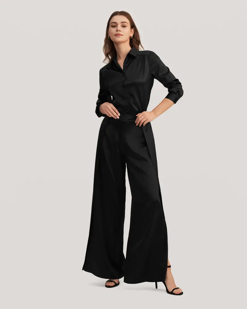 Bluse In Seta Nero Orlo Curvo, Senza Rughe Seta Di Gelso Confortevole E Amichevole Per Le Persone Allergiche