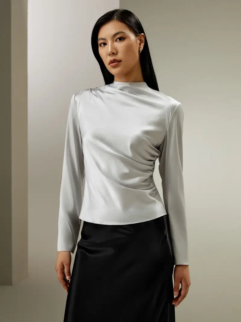Bluse In Seta Un Colletto Semi-Altoseta Di Alta Qualità Seta Di Alta Qualità Facile Da Abbinare Temperatura Regolabile Grigio Argento