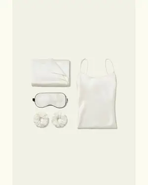 Bundle Di Seta - Elegante Camicia Da Notte In Seta, Cuscino E Vari Accessori. Bianco Naturale