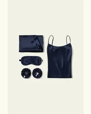 Bundle Di Seta - Elegante Camicia Da Notte In Seta, Cuscino E Vari Accessori. Blu-Marino