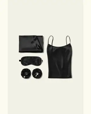 Bundle Di Seta - Elegante Camicia Da Notte In Seta, Cuscino E Vari Accessori. Nero