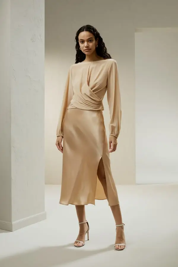 Camicetta Elegante Crêpe de Chine Oro Pallido a Sbuffo Vita Stretta