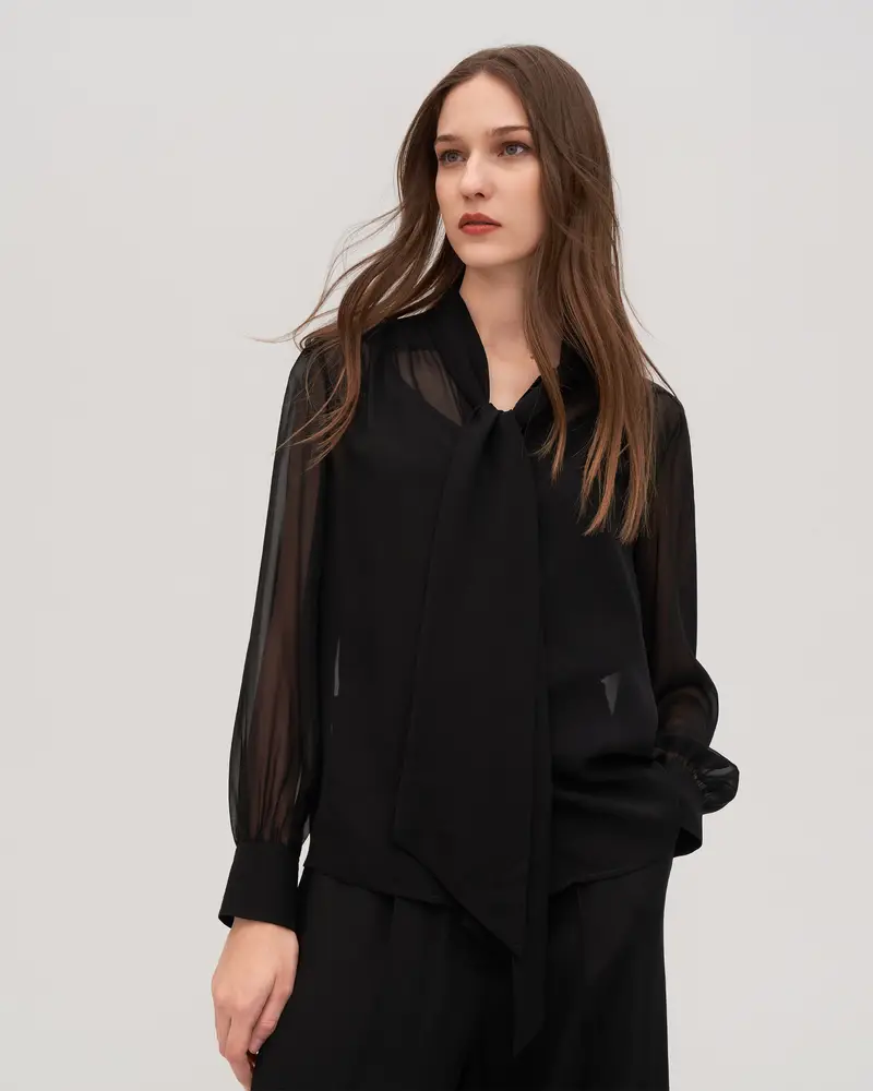 Camicetta Seta Blusa Jasmine In Seta Con Papillon 100% Pura Seta Elegante Nero