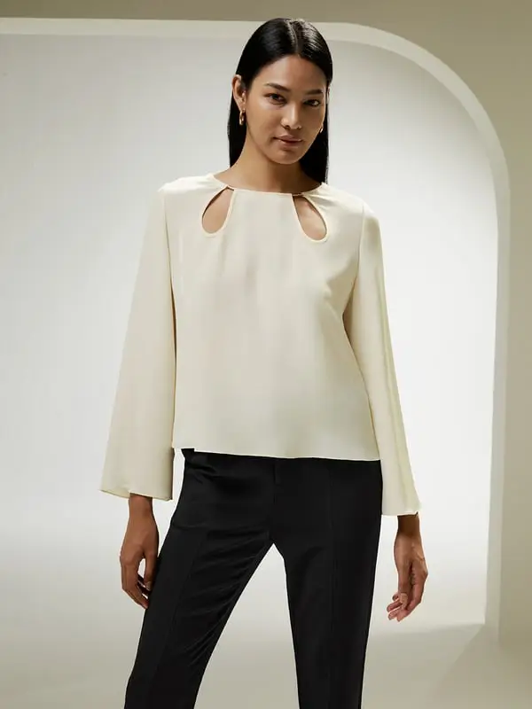 Camicette Di Seta Bianco Stile Parigino, Abbigliamento Casual 100% Seta Pura Buona Qualità Lavabile In Lavatrice Bianco Naturale