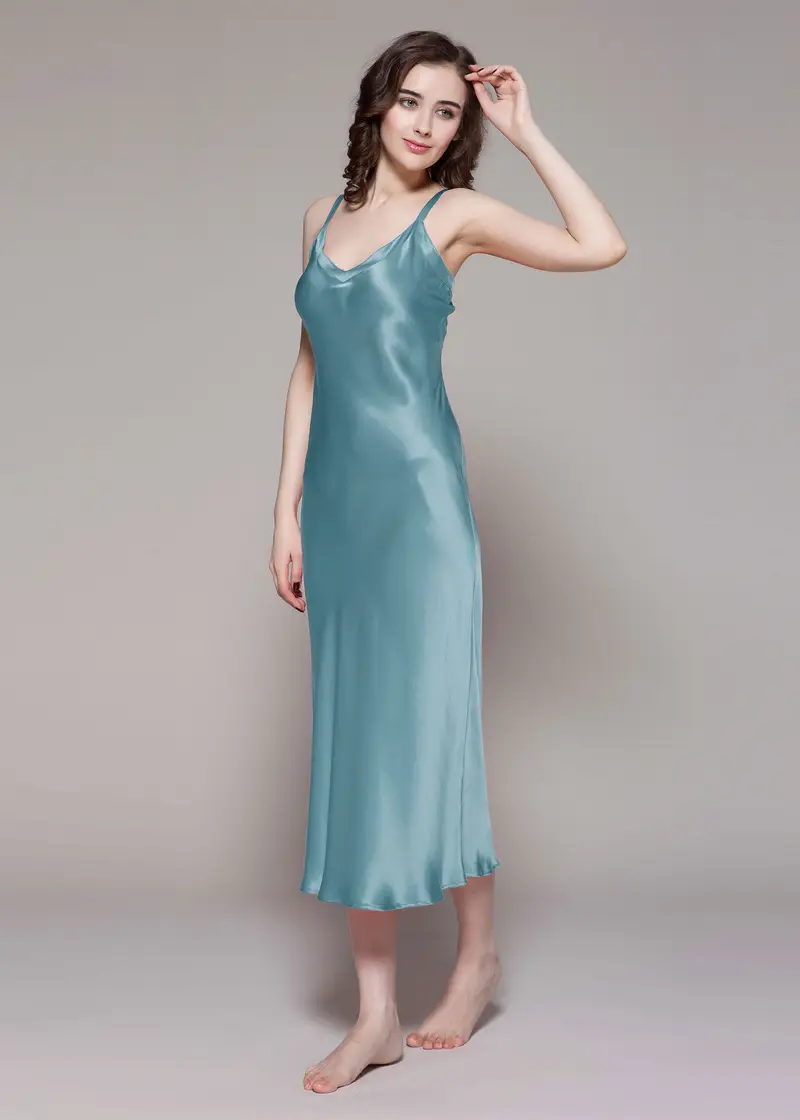 Camicia Da Notte Azzurro Seta Morbida Semplicità Lussuoso Elegante Per Le Persone Allergiche Blu