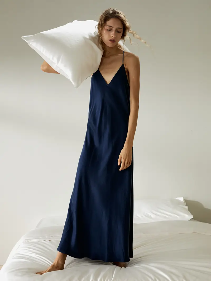 Camicia Da Notte Donna Seta Blu Scuro Seta Charmeuse Oeko-Tex Standard 1Semplicità Senza Maniche Elegante