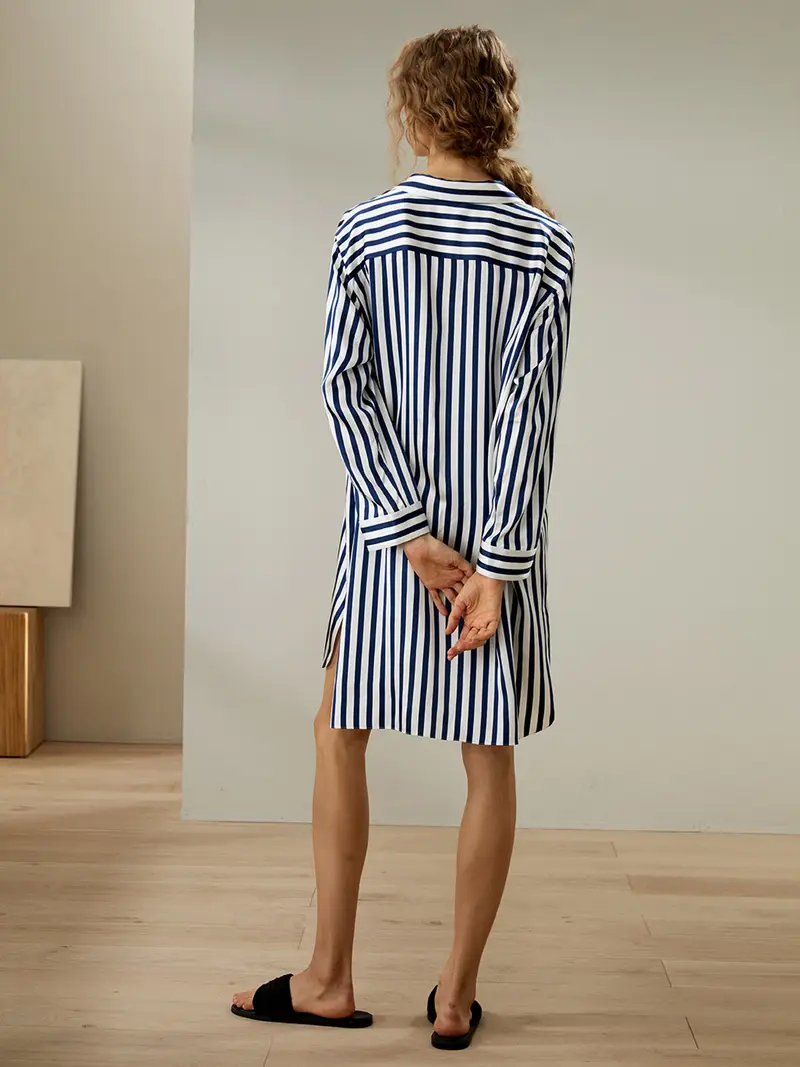 Camicia Da Notte In Seta Banda 100% Seta Naturale Affascinante Lunghezza Midi Righe Classiche Morbidi E Delicati Sulla Pelle Gessati blu