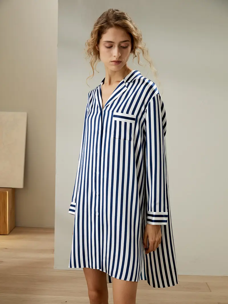 Camicia Da Notte Lunga In Seta Banda 100 Pura Seta Trattiene L'Umidità Affascinante Morbidi E Delicati Sulla Pelle Gessati blu