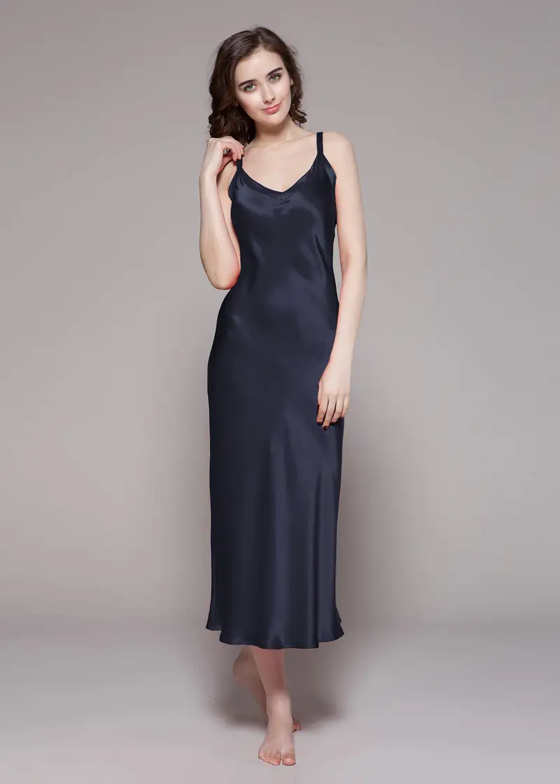 Camicia Da Notte Lunga In Seta Blu Scuro 100% Seta Naturale Pacchetto Regalo Tinta Unita Cinghie Regolabili Traspirante