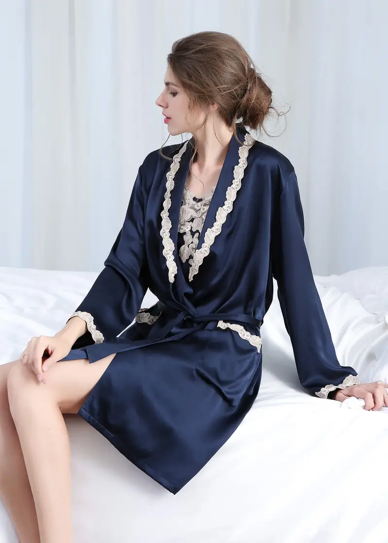 Camicia Da Notte Lunga In Seta Blu Scuro Charmeuse Di Seta Traspirante Set Camicia Da Notte E Accappatoio Vestibilità Regolare