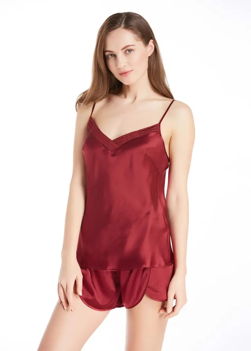 Camicia Da Notte Lunga Seta Rosso Seta Charmeuse Trattiene L'Umidità Lucida Senza Maniche Lunghezza Midi Pacchetto Regalo Violetto Rosso