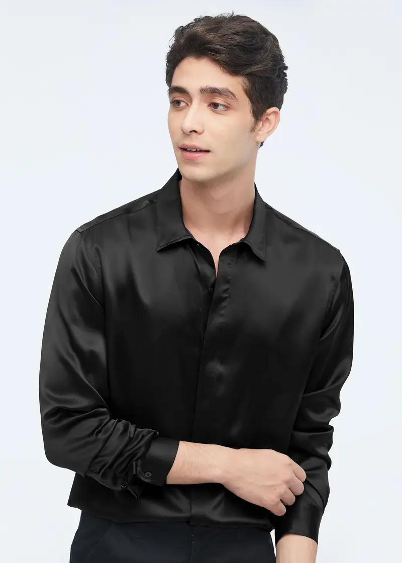 Camicia Da Uomo Classica In Seta A Maniche Lunghe Nero