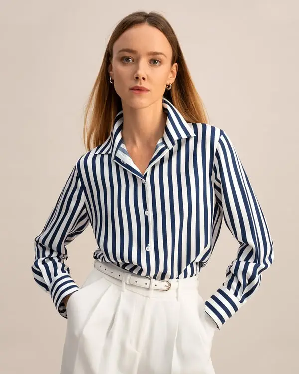 Camicia Di Seta A Righe Che Rinfresca Il Tuo Guardaroba Camicia Di Seta Stampata Classica E Senza Tempo 100% Seta Gessati blu