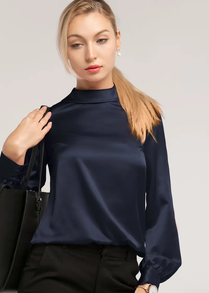 Camicia Di Seta Camicia Lunga Donna Abbigliamento Donna Di Seta 100% Pura Seta Elegante Italia Blu-Marino