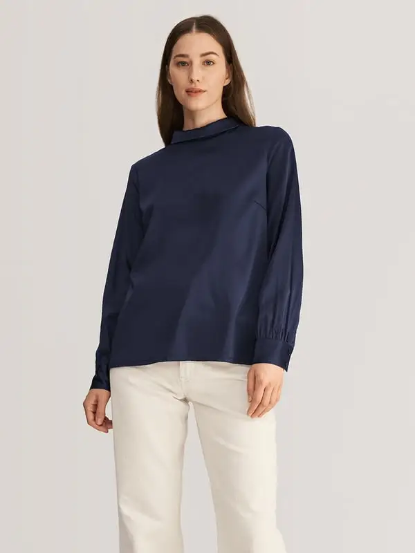 Camicia Di Seta Camicia Lunga Donna Abbigliamento Donna Di Seta 100% Seta Pura E Naturale Italia Blu-Marino