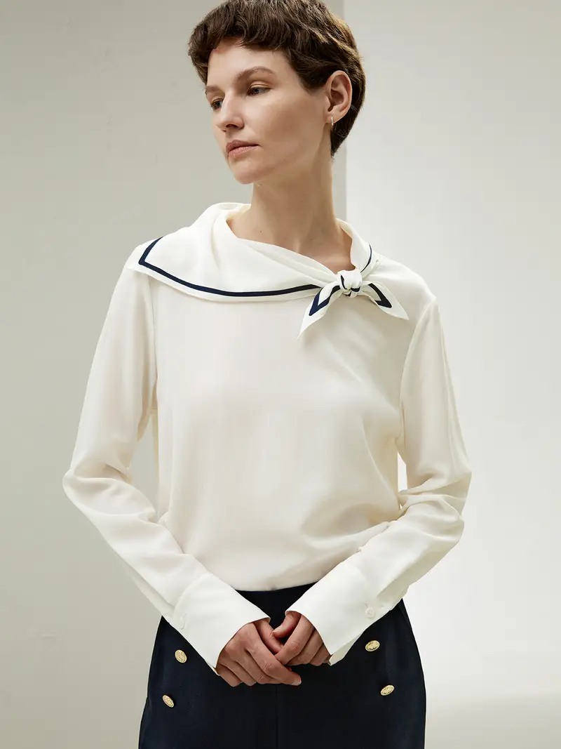 Camicia Di Seta Casual E Rilassato 100% Crêpe De ChinLana e Seta Traspirante Superleggero Bianco