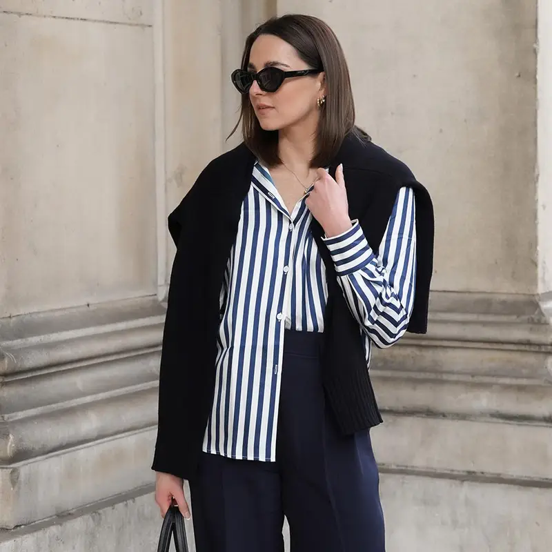 Camicia Di Seta Classica A Righe Rinfrescare La Tua Primavera Camicia Di Seta Stampata Senza Tempo 100% Seta Gessati blu