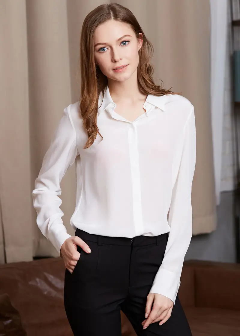Camicia Di Seta Donna Bianco Bottoni Madreperla, Vestibilità Regolare 100% Seta Naturale Dermocompatibile E Traspirante