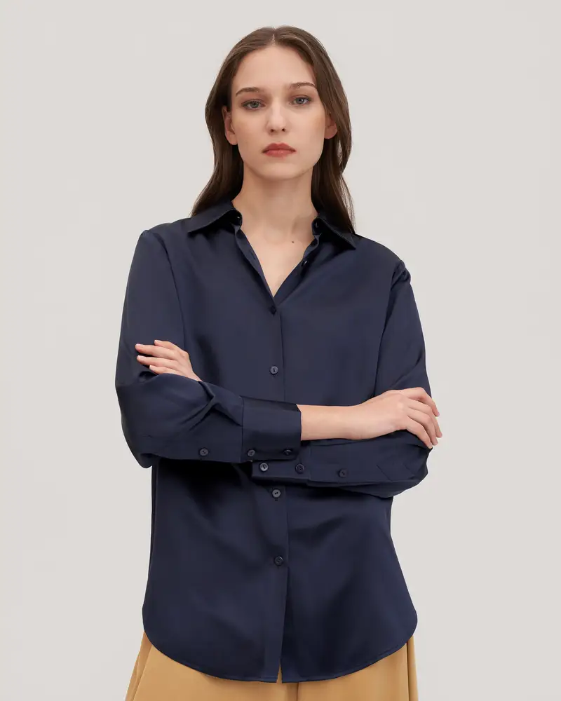 Camicia Di Seta Donna Blu-Marino Bottoni A Conchiglia 100% Seta Naturale Perfettamente Adatto Per Clienti Con Le Pelli Sensibili