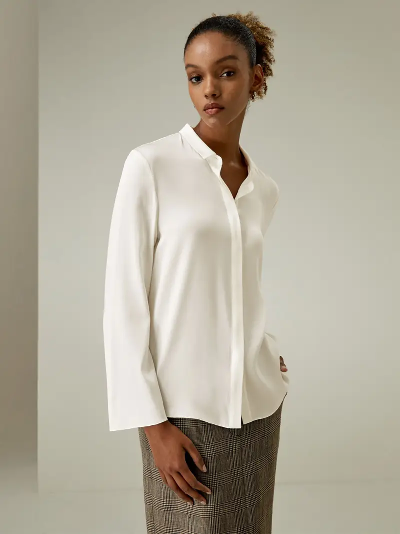 Camicia Di Seta Donna Colletto Classicodesign Minimalista Di Facile Manutenzione Facile Da Abbinare Bianco Naturale