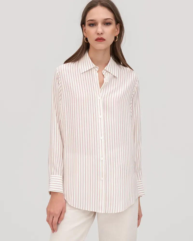 Camicia Di Seta Donna Gessato Marrone Maniche Lunghe, Vestibilità Morbida 100% Seta Dermocompatibile E Traspirante