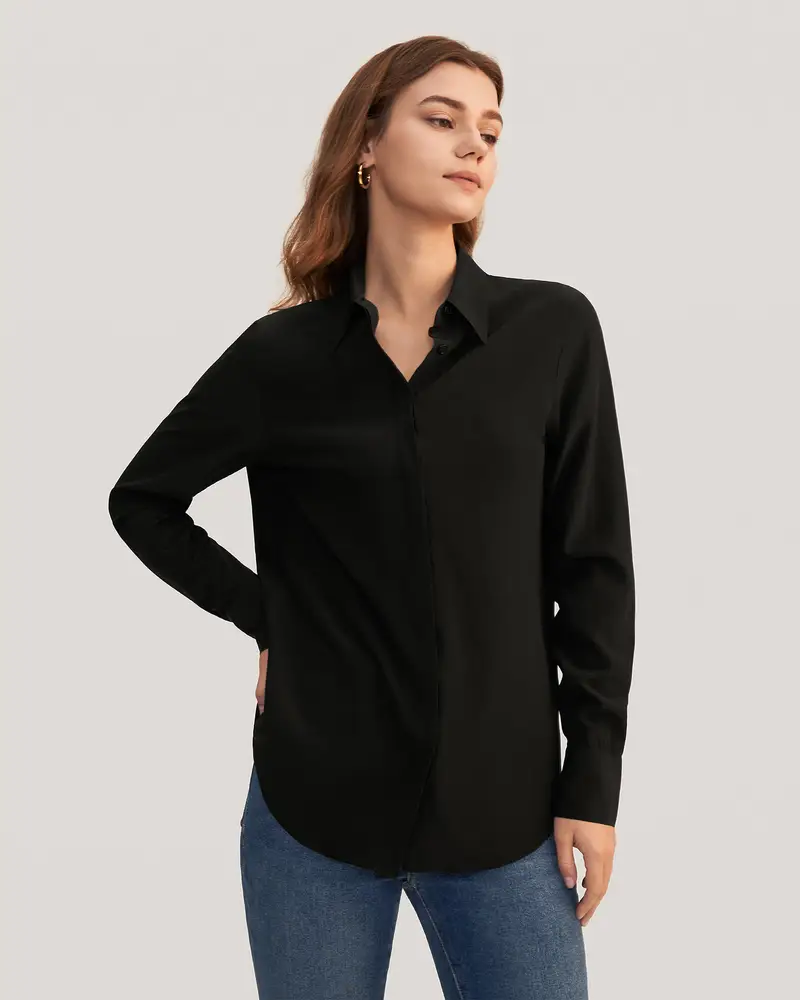 Camicia Di Seta Donna Nero Bottoni Madreperla, Taglio Classico 100% Seta Pura Perfettamente Adatto Per Clienti Con Le Pelli Sensibili
