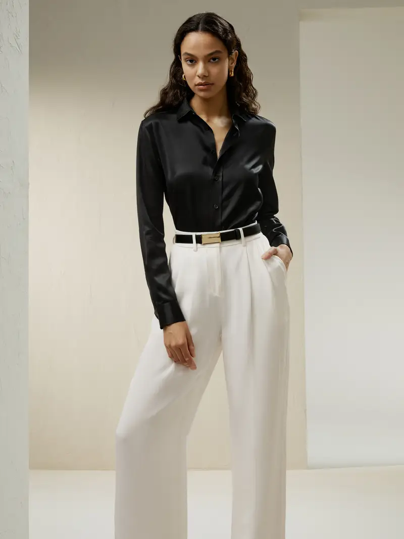 Camicia Di Seta Donna Nero Collo Di Camicia Di Base 100% Seta Si Adatta Meglio Alla Forma Del Corpo