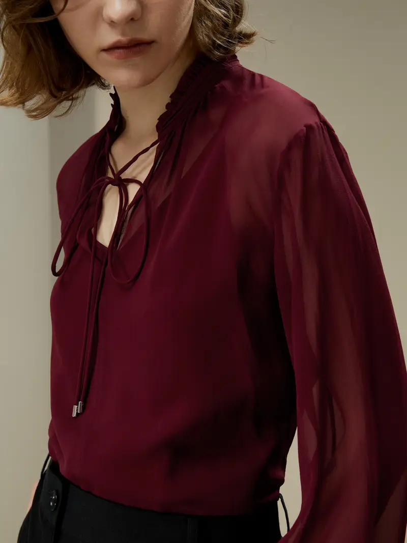 Camicia Di Seta Donna Sangue Di Bue Coulisse Sul Davanti Georgette Semitrasparente Casual E Professionale