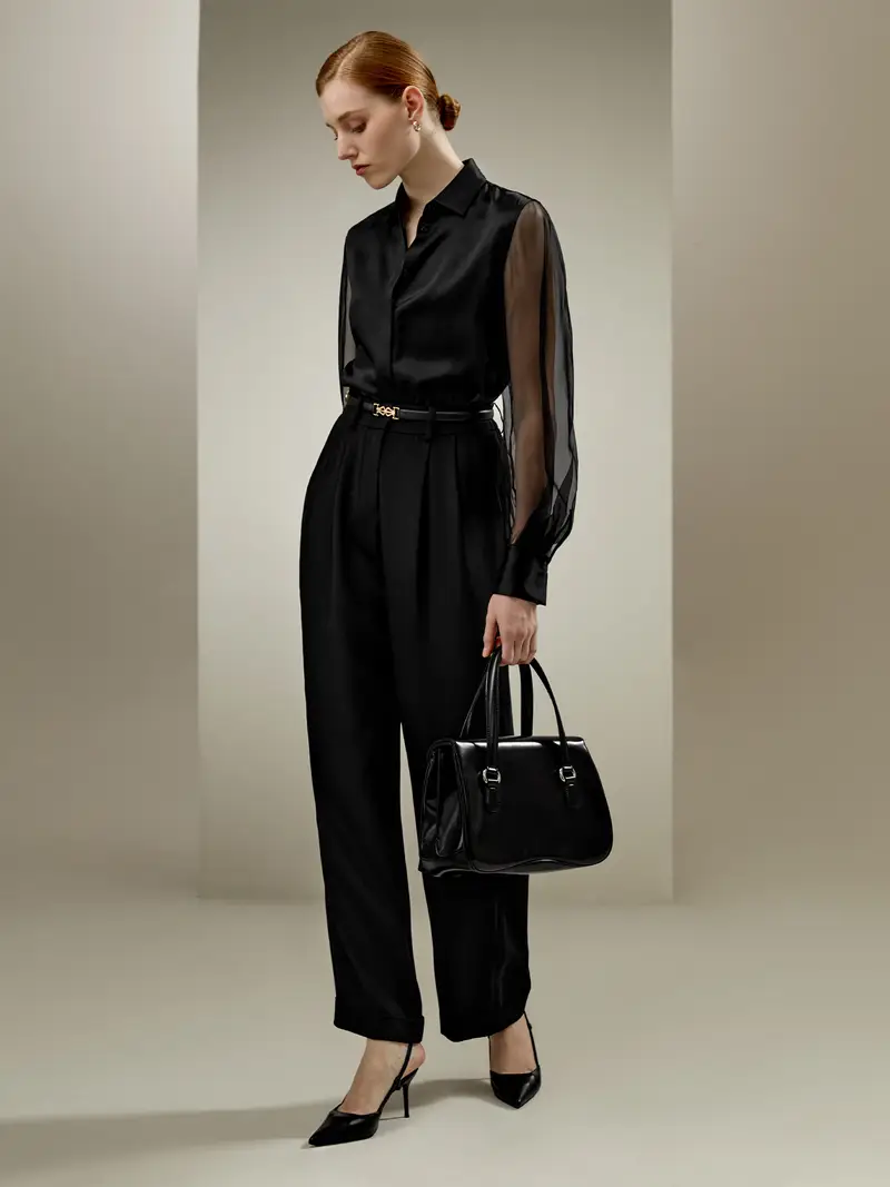 Camicia Di Seta Maniche Lungheun'Atmosfera Classicapura Seta Pura Seta Vestibilità Regolare Taglio Dimensionale Nero