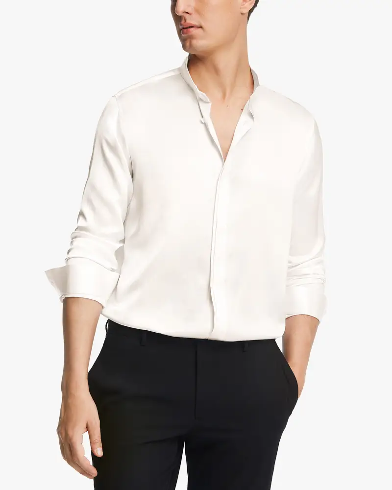 Camicia Di Seta Uomo Bianco Pulsanti Nascosti, Vestibilità Regolare Seta Di Gelso Confortevole E Amichevole Per Le Persone Allergiche