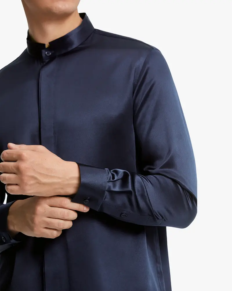 Camicia Di Seta Uomo Blu-Marino Colletto Rialzato, Vestibilità Regolare Seta Delicato Per La Pelle E Traspirante