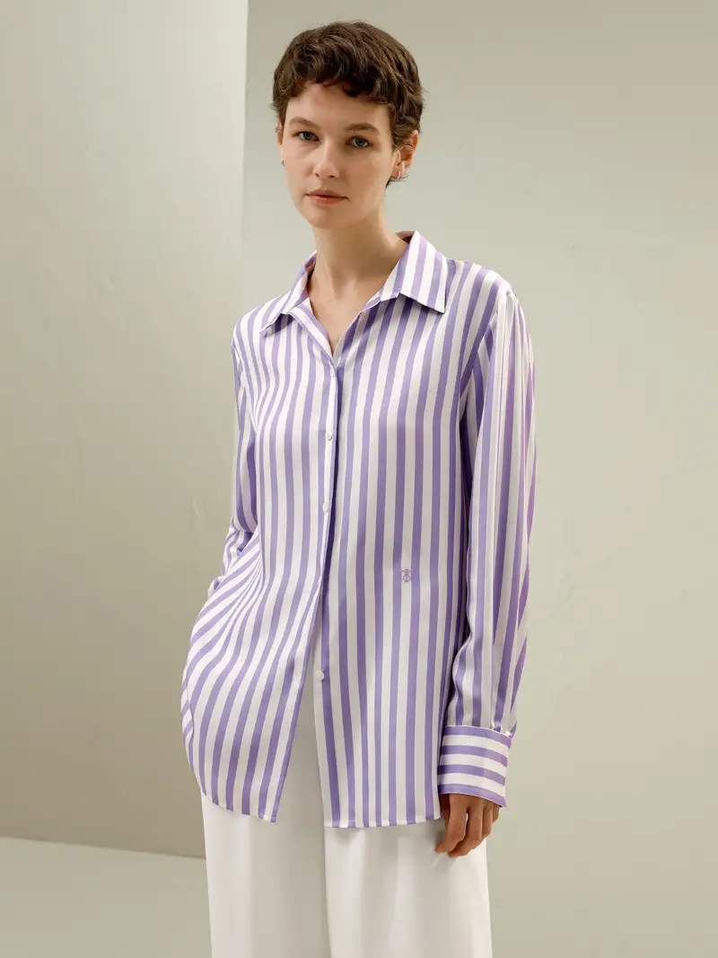 Camicia Di Seta Vestibilità Regolare 100% CharmeusLana e Seta Strisce Lilla E Bianche
